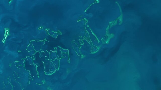 Aerial shot of atolls in azure sea in tropical area. Camera is moving right and up. Animation based on image by NASA