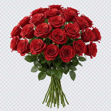 A lush bouquet of several dozen vibrant red roses with green stems and leaves, set against a transparent background, perfect for romantic occasions or gestures of love.