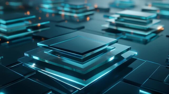 A modern, artistic rendering featuring layered, transparent, rectangular shapes in shades of blue and teal, with scattered bokeh highlights