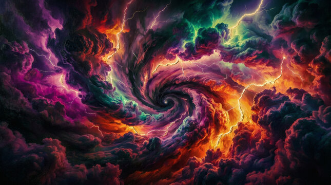 Surreal Vortex of Colorful Storm Clouds with Vibrant Lightning Strikes (generative ai)