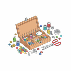 Isometric illustration of an open wooden sewing box with colorful supplies scattered around