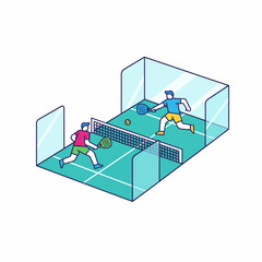 Isometric illustration of two players competing in a padel tennis match