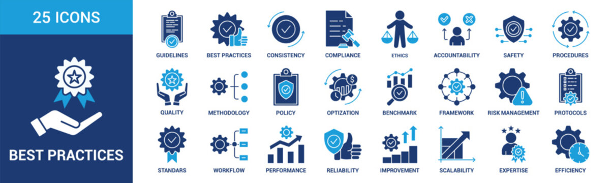 Best Practices icon set. Containing guidelines, consistency, compliance, ethics, accountability, safety, procedures, quality and more. Solid vector icons collection.