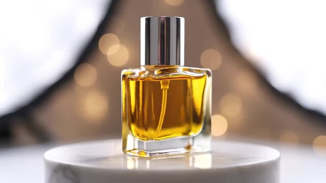 Close-up sequence of a perfume bottle being illuminated and rotated highlighting the amber liquid with a blurred background and