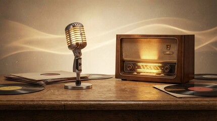 Micr&oacute;fono vintage y radio de madera antigua sobre una mesa con discos de vinilo, fondo de resplandor dorado y ondas de luz. Escena c&aacute;lida y nost&aacute;lgica para el D&iacute;a de la Radio.