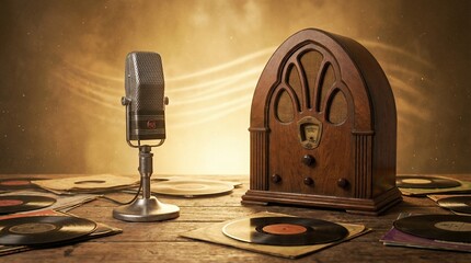 Micr&oacute;fono vintage y radio de madera antigua sobre una mesa con discos de vinilo, fondo de resplandor dorado y ondas de luz. Escena c&aacute;lida y nost&aacute;lgica para el D&iacute;a de la Radio.
