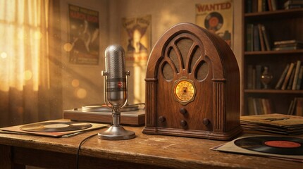 Micr&oacute;fono vintage y radio de madera antigua sobre una mesa con discos de vinilo, fondo de resplandor dorado y ondas de luz. Escena c&aacute;lida y nost&aacute;lgica para el D&iacute;a de la Radio.