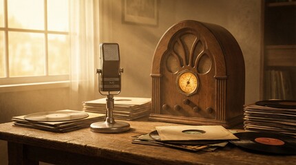 Micr&oacute;fono vintage y radio de madera antigua sobre una mesa con discos de vinilo, fondo de resplandor dorado y ondas de luz. Escena c&aacute;lida y nost&aacute;lgica para el D&iacute;a de la Radio.