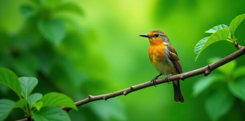 Bird sits calmly on green leaf branch, surrounded by lush foliage, nature, foliage