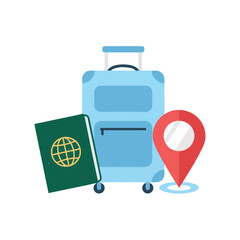 Light blue suitcase green passport and red map pin illustration