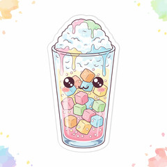 Kawaiistyle shaved ice drink with colorful gummy cubes in a tall glass