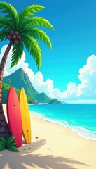 Obraz premium Brightly colored beach scene with cartoon-style palm trees and surfboards, beach toys, comic book