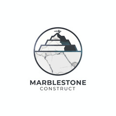 Logo featuring a mountain silhouette over cracked white marble within a circle
