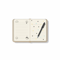 Open lined notebook with doodles and a black pen on a white background