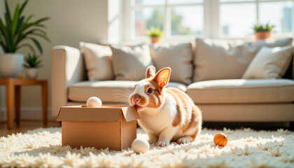 Eager rabbit chewing on a cardboard box in cozy living room