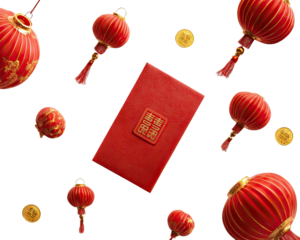 Surreal floating top-down arrangement of red envelopes and gold ingots symbolizing Lunar New Year prosperity on a clean white background