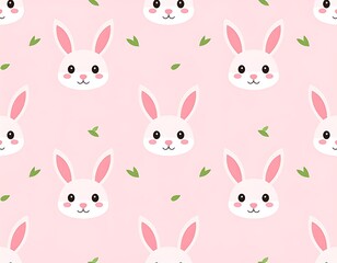 Adorable Bunny Faces Seamless Pattern on Pink Background.