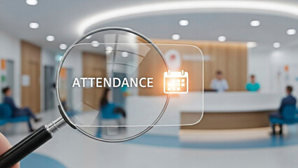 A magnifying glass focusing on attendance tracking in a modern office lobby