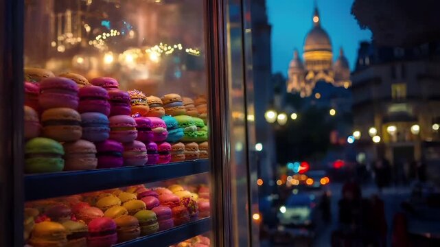Paris, France, Europe. A nighttime cityscape with a view of the Basilica of the Sacred Heart of Paris. The scene is illuminated by the soft glow of city lights.
