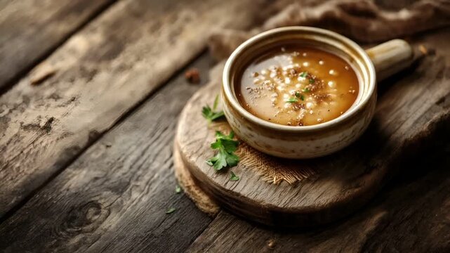 Paris, France, Europe. A rustic wooden table with a bowl of soup on it. The soup has a rich, goldenbrown hue with specks of green herbs sprinkled on top.