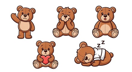 Fototapeta premium Five cartoon teddy bears depict various emotions and activities.