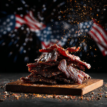 a pile of brisket jerky on a board with spices aroumd it and a black background american stars and strips exploding from the back