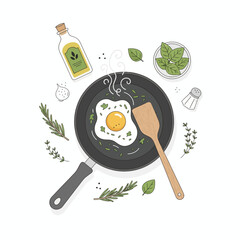 Overhead view of a sunnysideup egg frying in a pan with herbs
