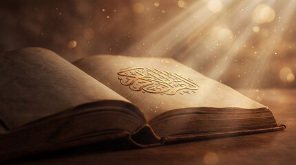 Warm Vintage Quran Holy Book with Golden Arabic Calligraphy Design