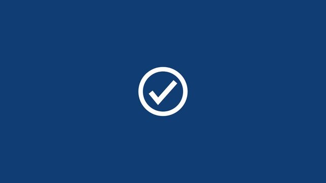 Abstract white check mark icon looped animation on blue background. Looped motion animated icon. Circle with check mark icon. Concept of tick confirm.