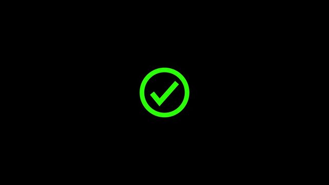 Abstract green check mark icon looped animation on black background. Looped motion animated icon. Circle with check mark icon. Concept of tick confirm.