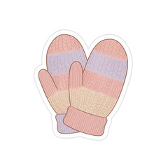 Pair of striped multicolored knit winter mittens illustrated on a white background