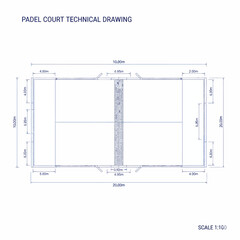 Padel court technical drawing with dimensions and 1100 scale