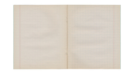 Aged open notebook graph paper spread with beige paper texture