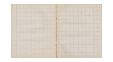 Aged open notebook graph paper spread with beige paper texture