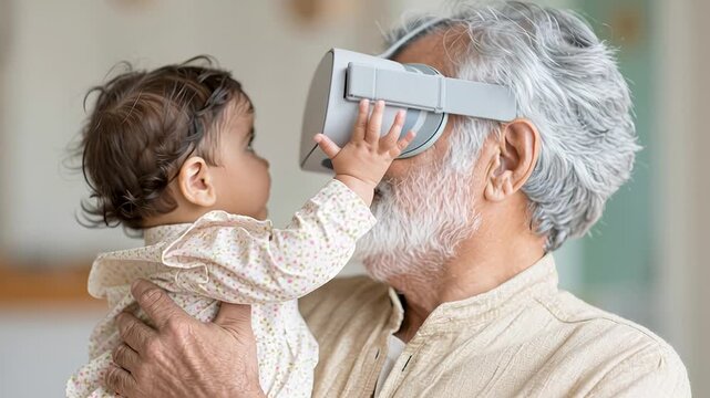 Elderly man with baby using virtual reality headset in cozy home setting