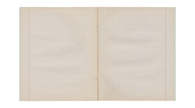 Aged open notebook graph paper spread with beige paper texture