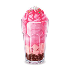 Pink shaved ice dessert or es doger with coconut milk,syrup sprinkles cubes and beans in a tall glass
