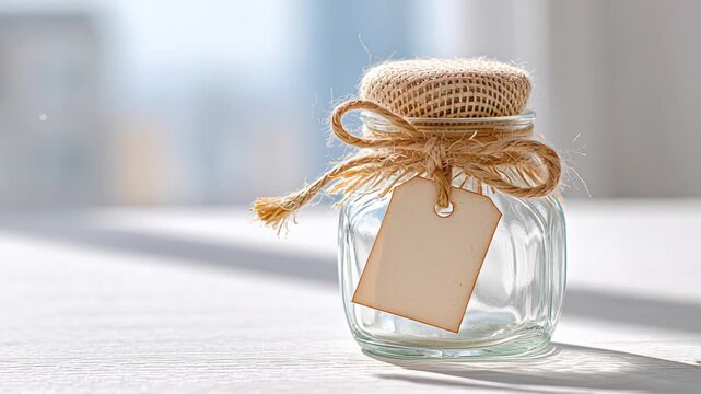 Rustic glass jar with burlap lid and blank tag on sunlit table