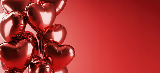Heart shaped balloons on red background, flat lay with space for text. Saint Valentine's day celebration 
