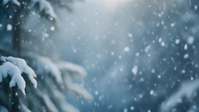 A serene winter scene captures falling snowflakes against a blurred backdrop, with snow-covered pine branches framing the view