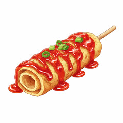 Rolled savory food item on a stick drizzled with red sauce and green onions or 'telur gulung'
