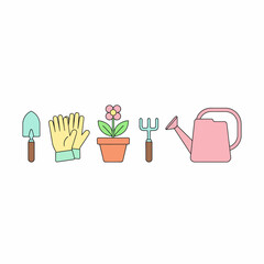 Row of five cartoon gardening items on a white background