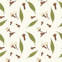 Seamless pattern of clove blossoms dried cloves and leaves on a cream background