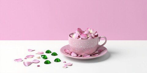 a pink cup with candy and a pink background