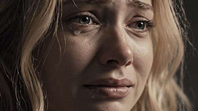 A dramatic close-up of a scared and vulnerable young woman crying, with tears running down her face in utter fear