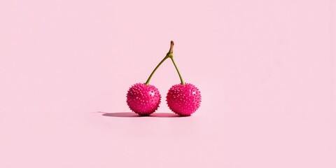 two cherries on a pink background