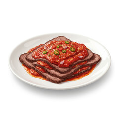 Sliced roasted meat topped with bright red chili sauce  or 'dendeng batoko' on a white plate
