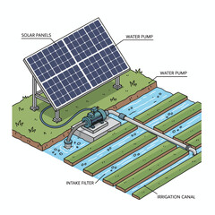 Solarpowered pump drawing water from a stream for irrigation canals