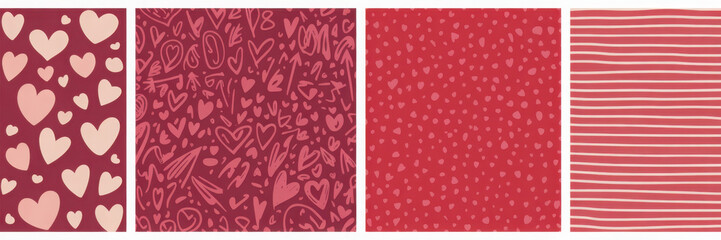 Romantic Valentines day vector background set. Colorful red and pink repeat designs for love holiday low contrast different seamless pattern collection.