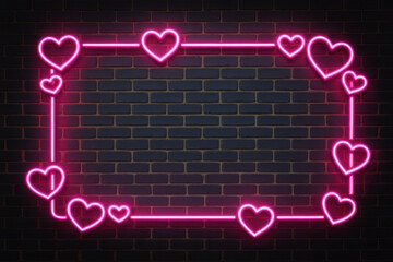Vector realistic isolated neon sign of frame with hearts for template decoration and layout covering on the wall background. Concept of Happy Valentines Day.